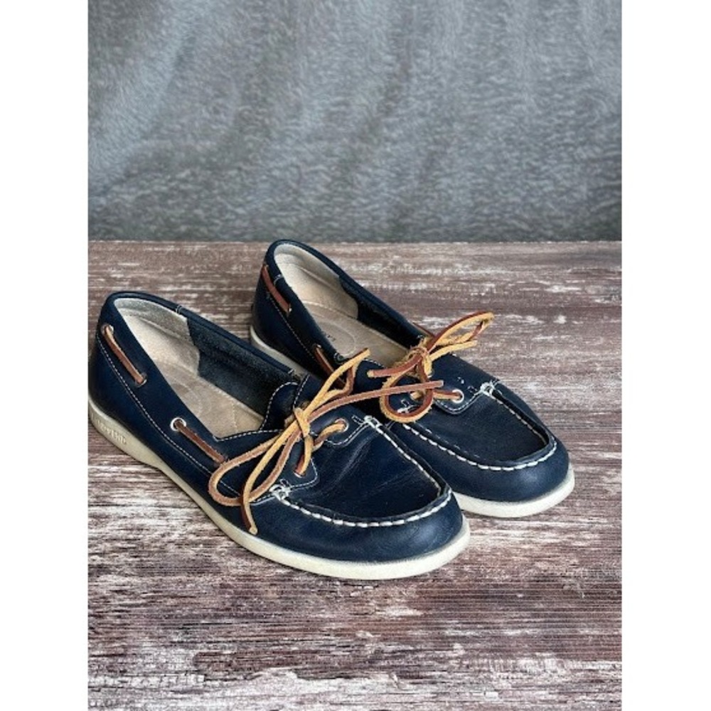 Lands' End Navy Blue and Tan Leather Moccasin Boat Shoes